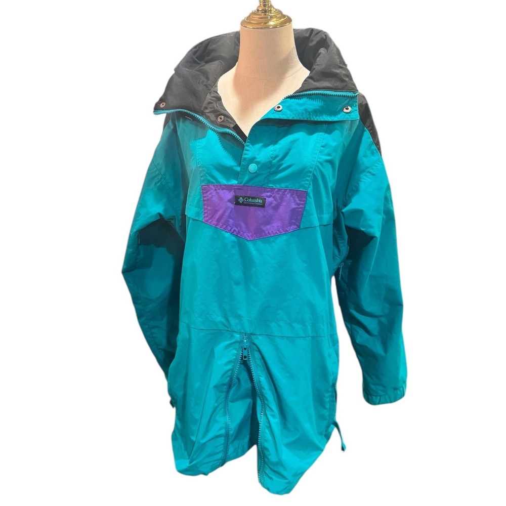 Columbia Colorblock Anorak‎ Jacket Teal Purple Black Hood Pullover 90s Vintage S